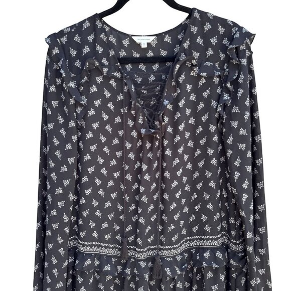 Max Studio Black Boho Long-Sleeve Lace-Up Floral Print Ruffle Trim Tassel Dress - Picture 2 of 14